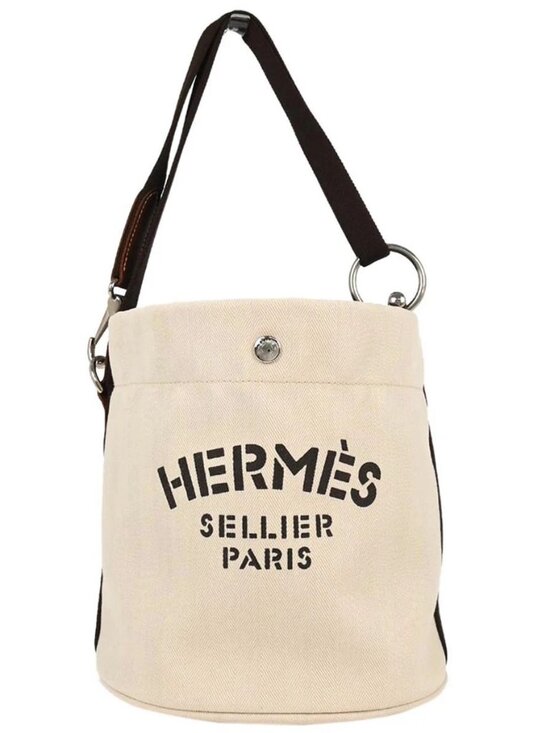 Hermes Handbags - Hermes Beige Toile Chevron Sac de Pansage Bucket Shoulder Bag AR□M 116486